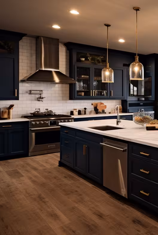 Modern open kitchen and dining area with dark cabinets, marble island, wooden floor, and large windows.